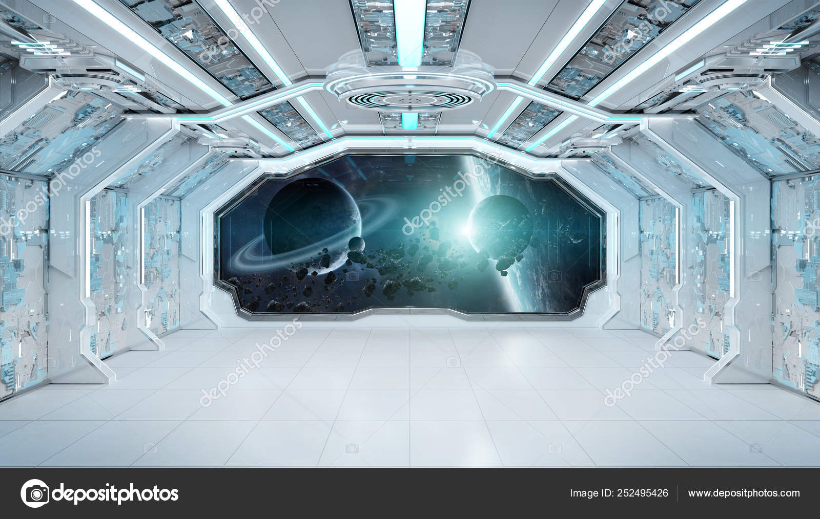 White Blue Spaceship Futuristic Interior With Window View On