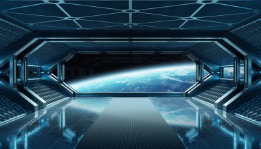 Koyu mavi uzay gemisi fütüristik iç planı üzerinde pencere Manzaralı