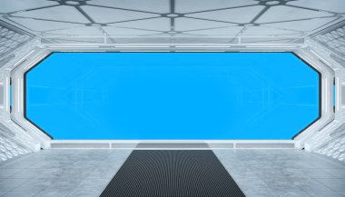 Beyaz mavi uzay gemisi fütüristik iç mockup pencere Manzaralı