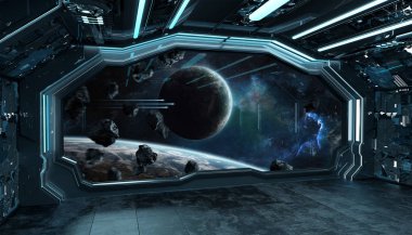 Koyu mavi uzay gemisi fütüristik iç spac pencere Manzaralı