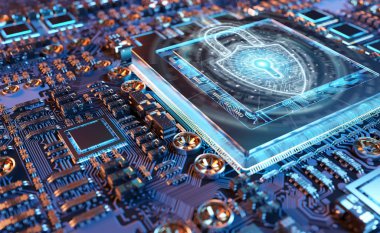 Yakın çekim görünüm kalkan koruma 3d ren ile modern bir Gpu kartı