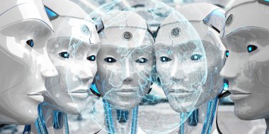 Grup dünya harita arabirimi 3d ren izlerken kadın robotlar başkanları