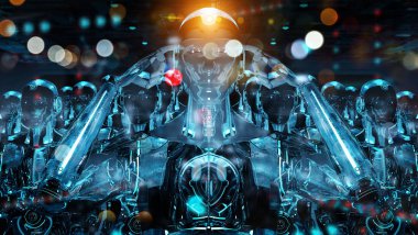 Grup lideri cyborg ordu 3d render takip erkek robotlar