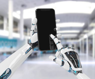 Beyaz robot el smartphone mockup 3d render tutarak