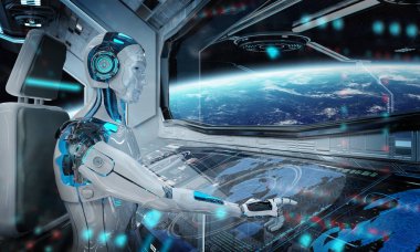 Robot bir beyaz modern uzay gemisi galibiyetle uçan bir kontrol odasında