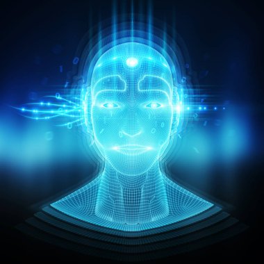 Bir robot cyborg baş kavramı 3d render ile akıllı makine