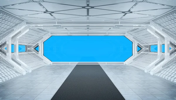 विंडो दृश्य के साथ सफेद नीला अंतरिक्ष यान भविष्यवादी आंतरिक मॉकअप — स्टॉक फ़ोटो, इमेज