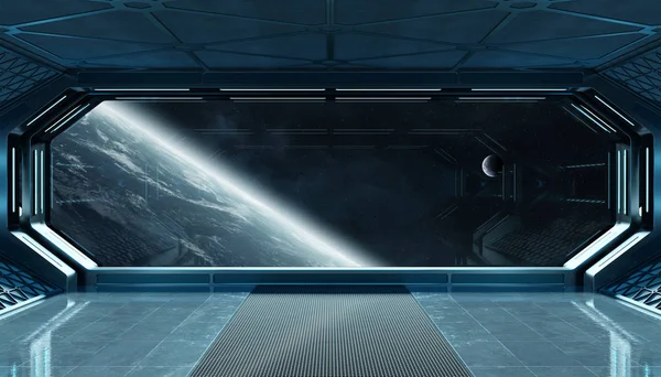 Темно-синий космический корабль футуристический интерьер с видом на окно по плану — стоковое фото