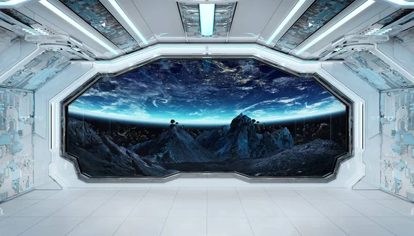 White blue spaceship futuristic interior with window view on spa