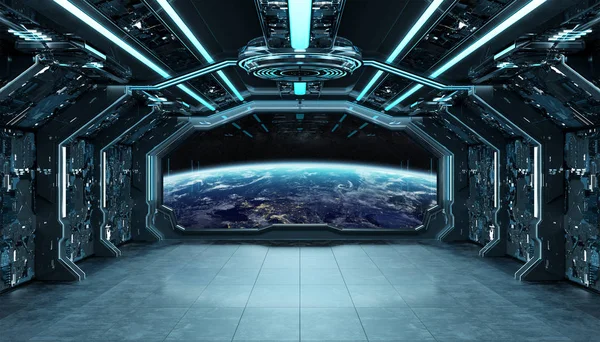 Dark blue spaceship futuristic interior with window view on plan