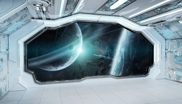 Beyaz mavi uzay gemisi fütüristik iç pencere manzaralı spa — Stok fotoğraf