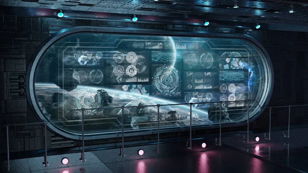 Interior de la nave espacial oscura con pantallas digitales del panel de control re 3D — Foto de Stock