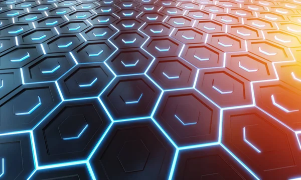 Glowing black blue and orange hexagons background pattern on sil — Stock Photo, Image