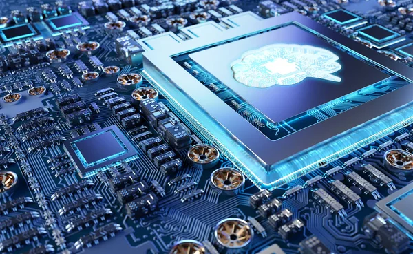 Künstliche Intelligenz in einem modernen 3D-Rendering von GPU-Karten — Stockfoto