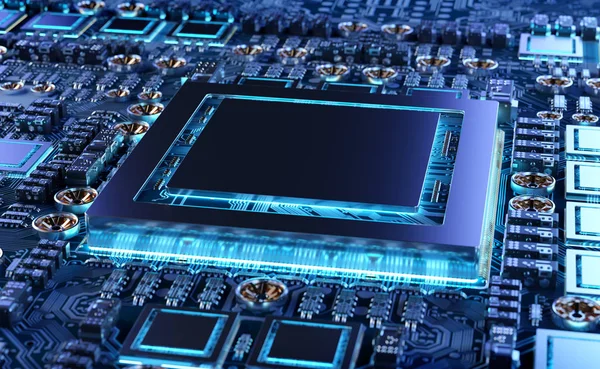 Vista ravvicinata di una moderna scheda GPU con rendering 3D del circuito — Foto Stock
