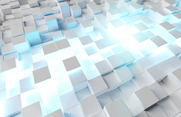 Gloeiende witte en blauwe vierkantjes achtergrond patroon 3D-rendering — Stockfoto