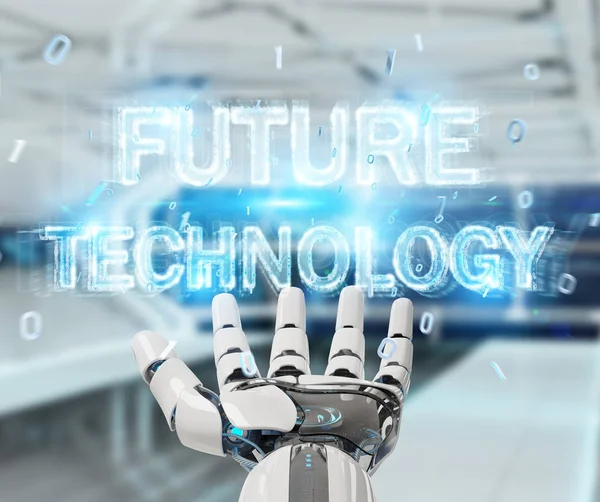 White robot hand using future technology text hologram 3D render