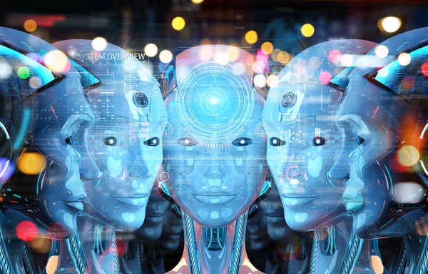 Grupa kobiet roboty głowy za pomocą digital hologram ekrany 3d r — Zdjęcie stockowe