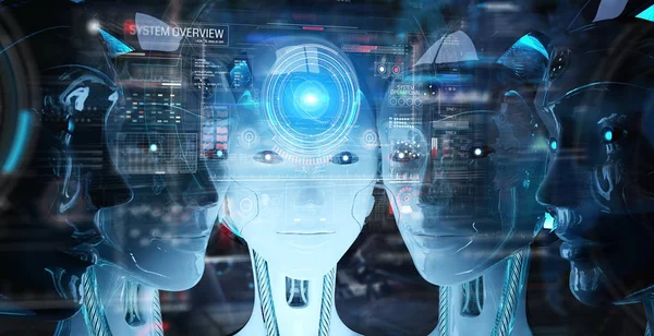 Gruppe weiblicher Roboterköpfe mit digitalen Hologramm-Bildschirmen 3d r — Stockfoto