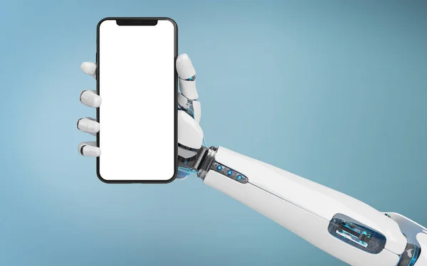 Branco robô mão segurando smartphone mockup 3d renderização — Fotografia de Stock
