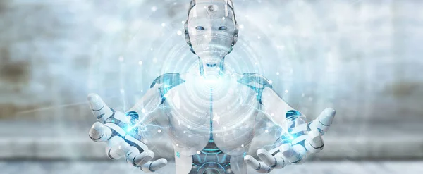 Weiße Frau humanoid mit digitalem globalen Netzwerk 3D-Rendering — Stockfoto
