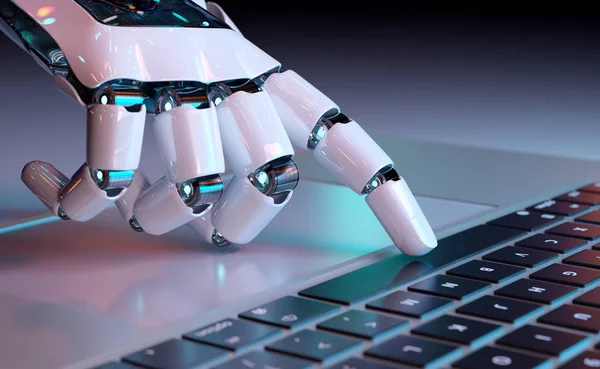 Robotic hand pressing a keyboard on a laptop 3D rendering — Stock Photo, Image