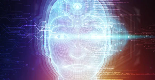 Uomo robotico volto cyborg che rappresenta l'intelligenza artificiale 3D — Foto Stock