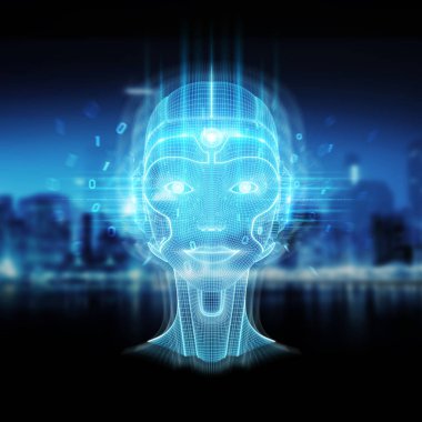 Bir robot cyborg baş kavramı 3d render ile akıllı makine
