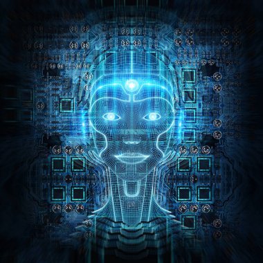 Bir robot cyborg baş kavramı 3d render ile akıllı makine