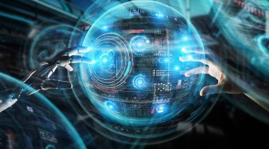Robot ve insan el dijital küre grafik Interfac dokunmadan