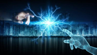 Karanlık 3d üzerinde insan eli ile bağlantı Wireframed Robot el parçalamak