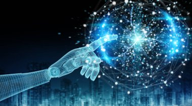 Wireframed mavi robot el dijital küre ağ 3d re dokunaklı