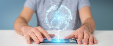 Avrupa ile dünya ağ hologram kullanarak işadamı harita 3d parçalamak