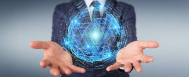 İşadamı dijital üçgen küre hologram patlayan kullanarak 3d 