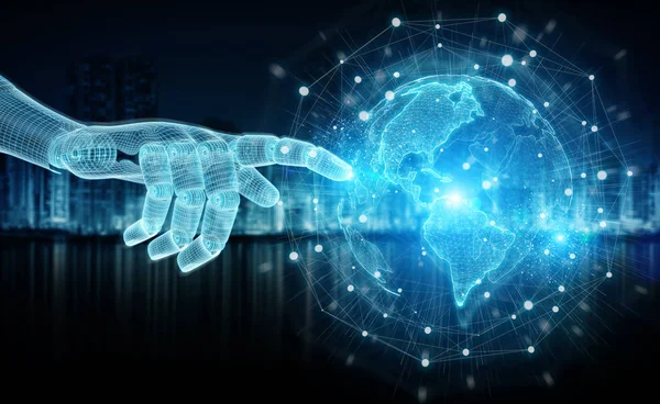 Wireframed blauwe robot hand aanraken van de digitale wereld op donkere backgr — Stockfoto