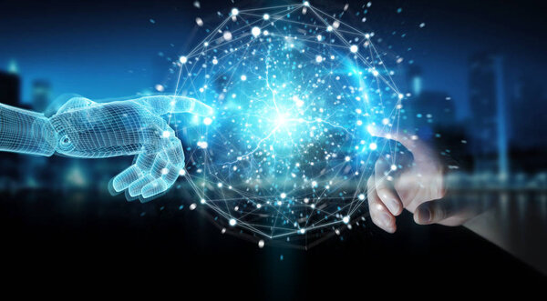 Проволочная рука робота и человеческая рука касаются цифровой шаровой сетки
