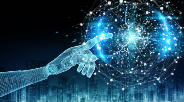 Проволочная синяя рука робота трогает цифровую сферу в 3D ре
