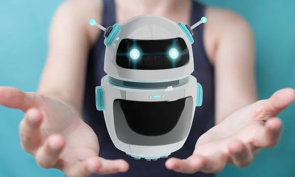 Kobieta za pomocą cyfrowego chatbota robot aplikacji 3d renderi — Zdjęcie stockowe