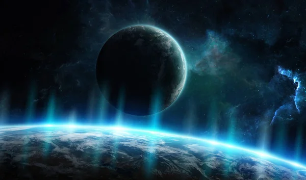 Sistema de planetas distantes en el espacio con exoplanetas 3D renderizado elem —  Fotos de Stock