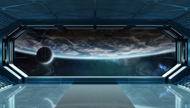 Koyu mavi uzay gemisi fütüristik iç planı üzerinde pencere Manzaralı