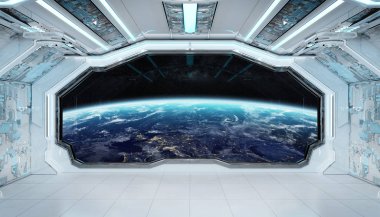 Beyaz mavi uzay gemisi fütüristik iç pencere manzaralı pla