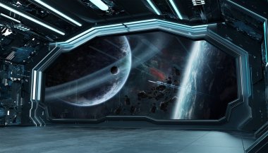 Koyu mavi uzay gemisi fütüristik iç spac pencere Manzaralı