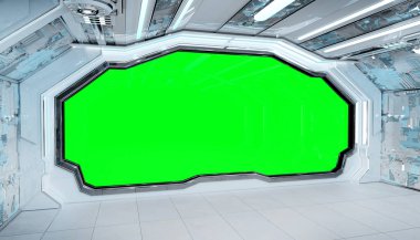 Beyaz mavi uzay gemisi fütüristik iç mockup pencere Manzaralı
