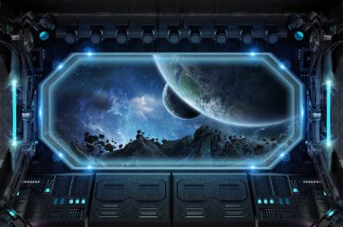 Büyük pencere görünümü 3d render ile karanlık uzay gemisi iç