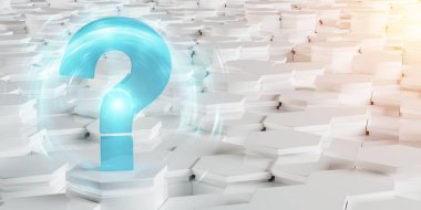 Beyaz Mavi soru simgesi altıgenler arka planda 3d render