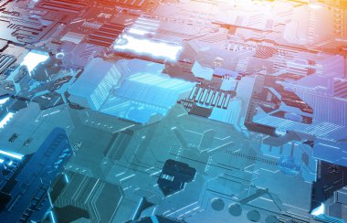 Fütüristik mavi ve turuncu teknoloji paneli arka plan ile lots-in de