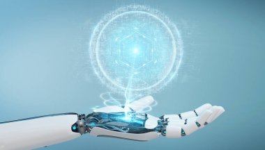 Beyaz robot el dijital küre bağlantı hologram 3d ren kullanarak