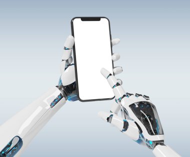 Beyaz robot el smartphone mockup 3d render tutarak