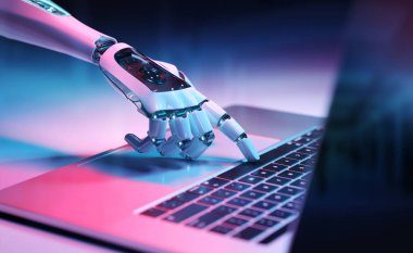 Robot el bir dizüstü 3d render bir klavye tuşuna basarak