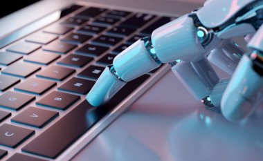 Robot el bir dizüstü 3d render bir klavye tuşuna basarak